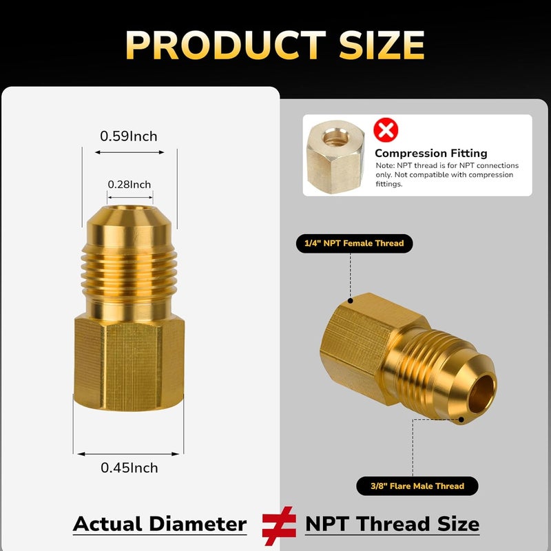 JUWO 3/8" Male Flare x 1/4" NPT Female Brass Tube Fitting, Union Reducing Coupling, Gas Adapter, Durable Brass Pipe Connector - Image 2